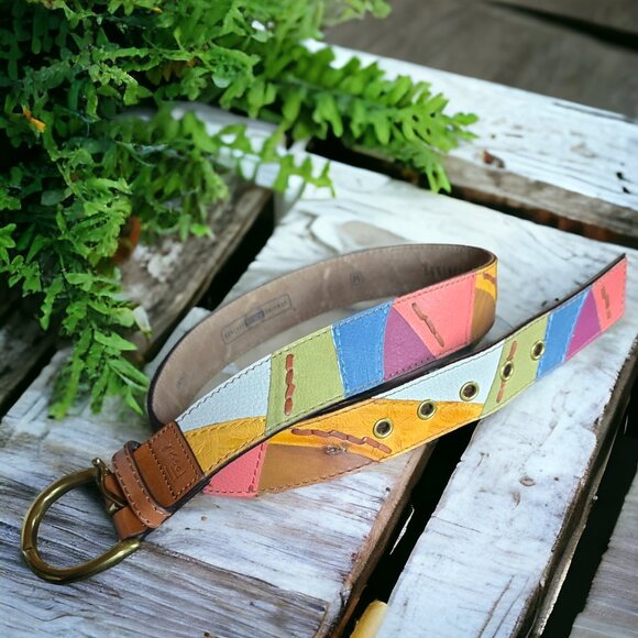VINTAGE Y2K FOSSIL  ( MED ) Genuine Leather Patchwork Belt - Picture 6 of 10